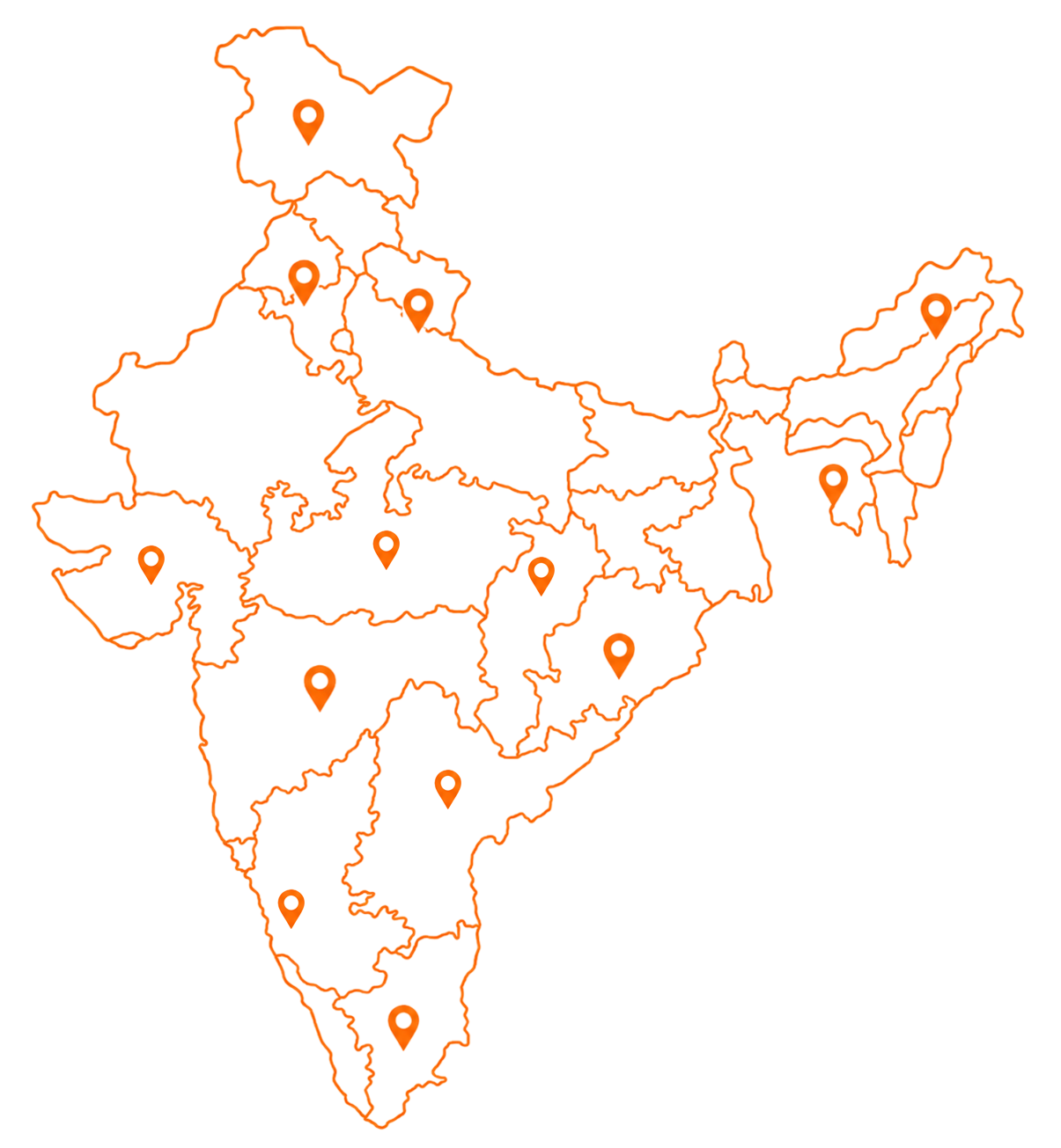 Map of India with location markers